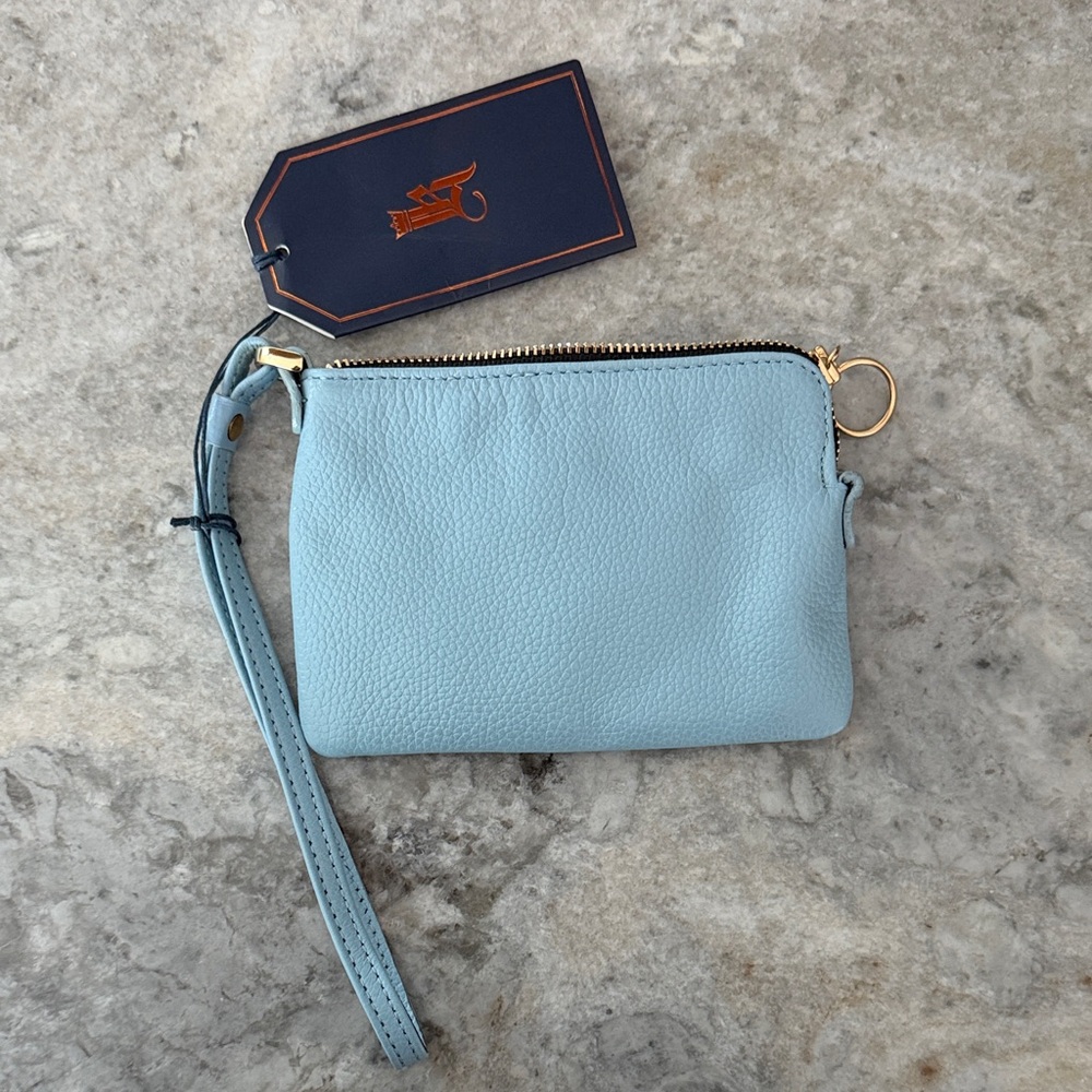 Pebbled Leather Wristlet Pouch in Light Blue with Gold Hardware